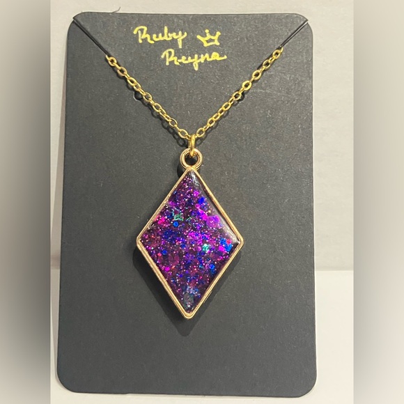 Handmade Purple Galaxy Resin Necklace – Glitter Diamond Pendant - Picture 2 of 6